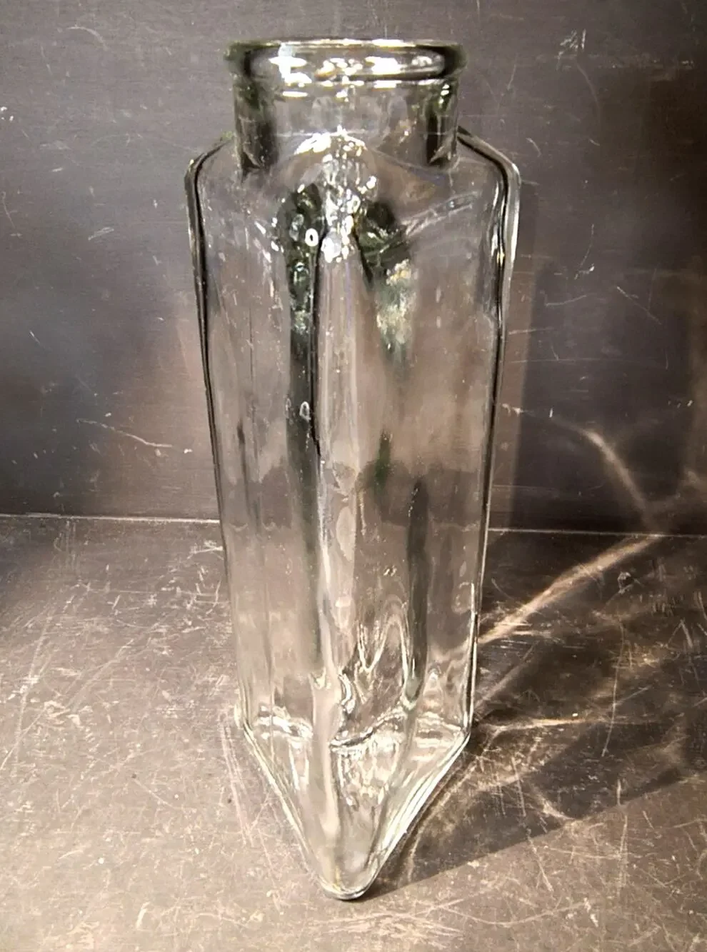 2043.  Unique Vintage 1980s Triangular Glass Storage Canister Apothecary Jar